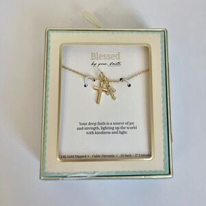 Blessed by Your Faith 14k Gold Dipped Duo Cross Cubic Zirconia Necklace NIB